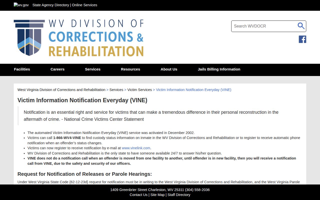West Virginia WVDCR VINE coverage and notification information