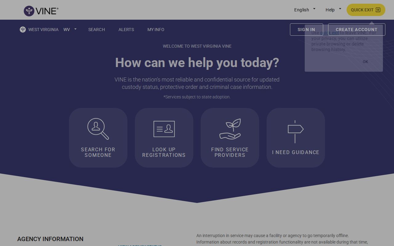 West Virginia VINELink search landing screen